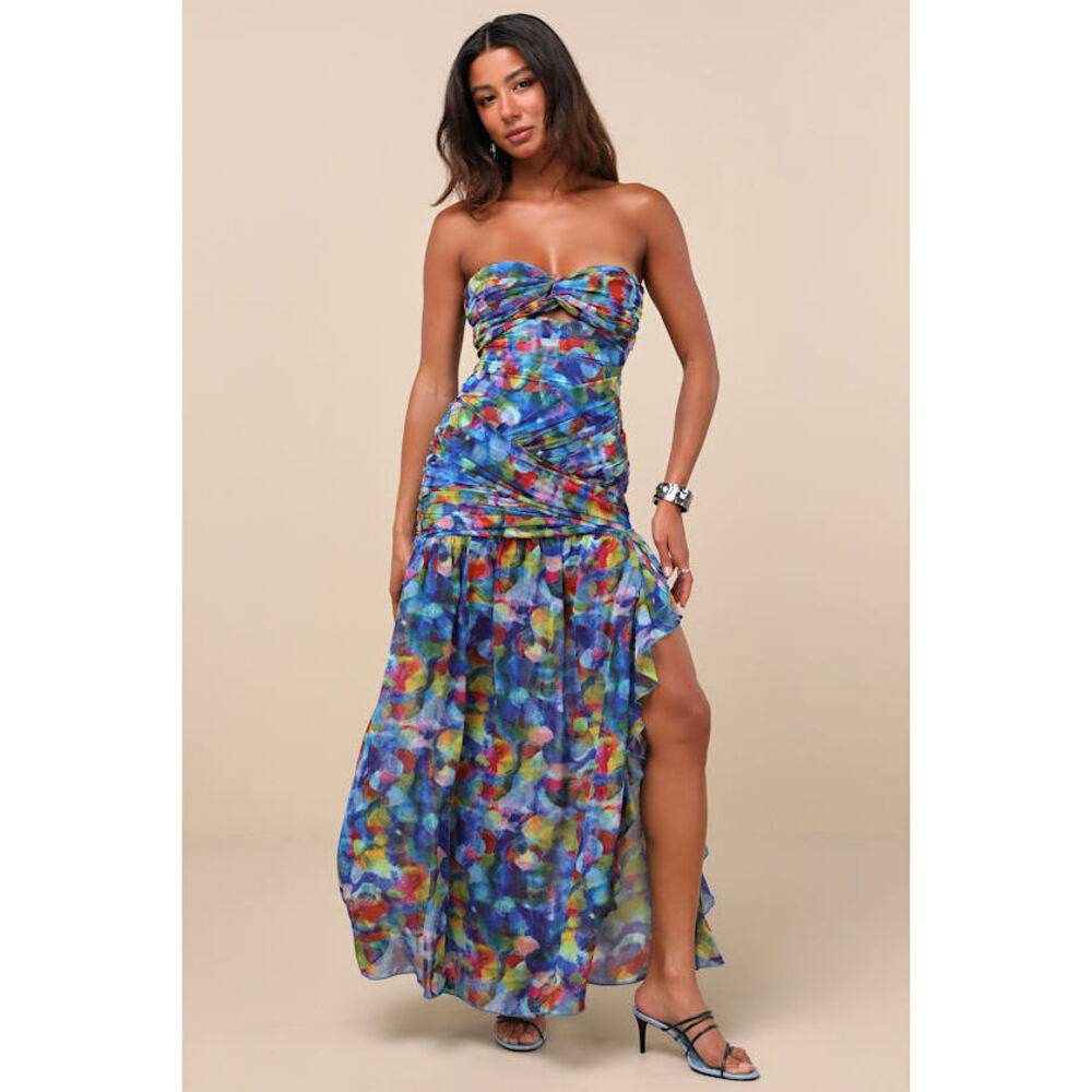 Lulus Jeniah Blue Multi Abstract Print Drop Waist Maxi Dress - Size S